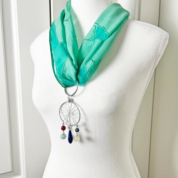 Green Sheer Scarf Kerchief w/ Convertible Dreamcatcher Gemstone Necklace Set - Picture 2 of 6